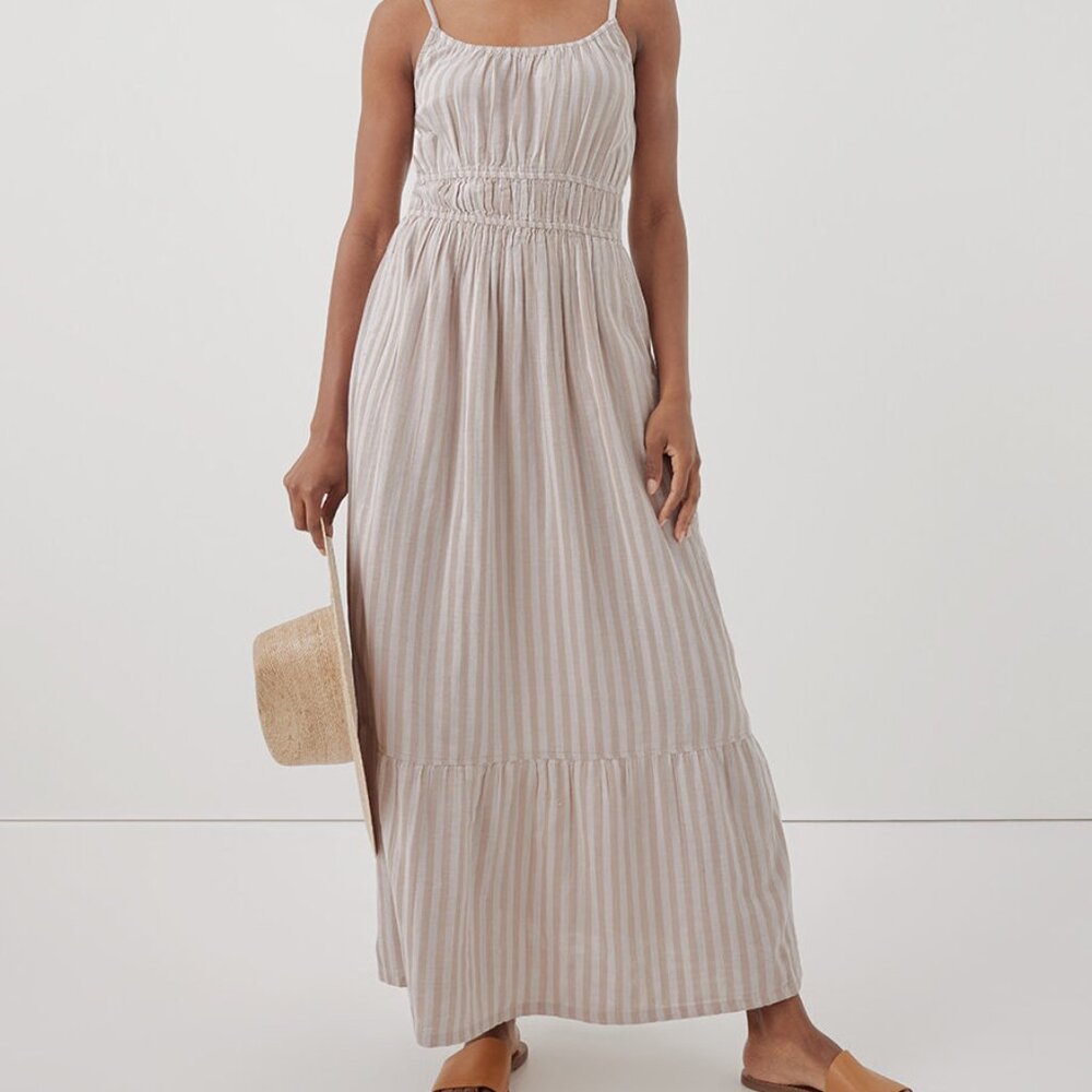 Pact Cream and Tan Striped Maxi Dress